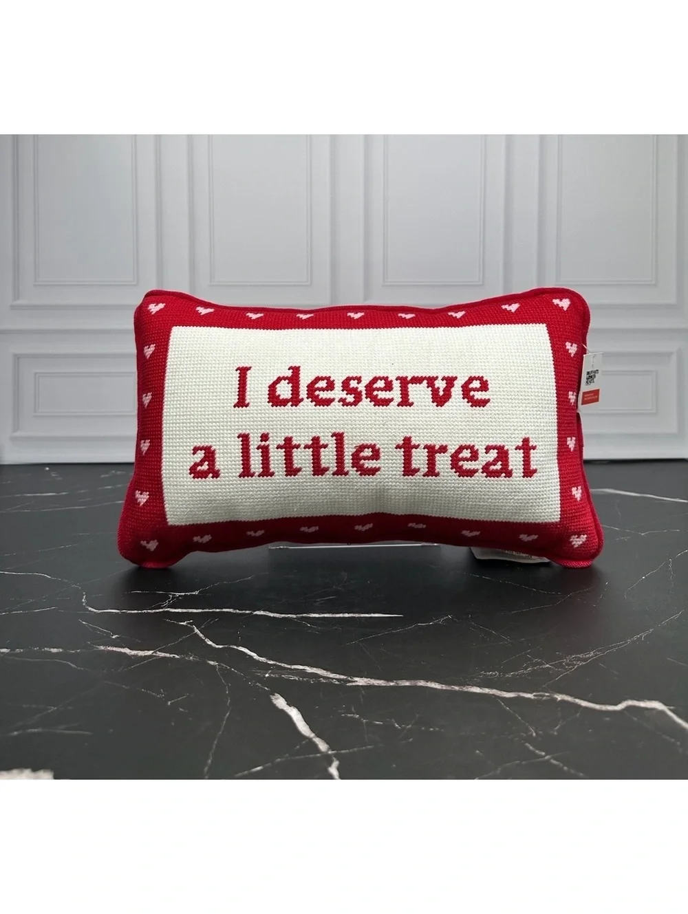 Red and White Decorative Pillow with 'I Deserve a Little Treat' Embroidery, 14x8